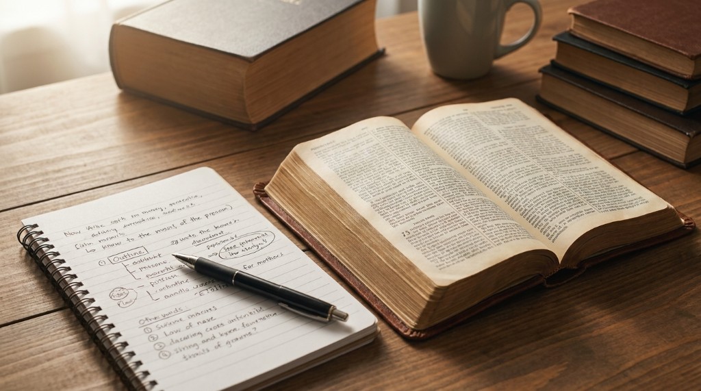 Study notes, Bible, and pen on a desk