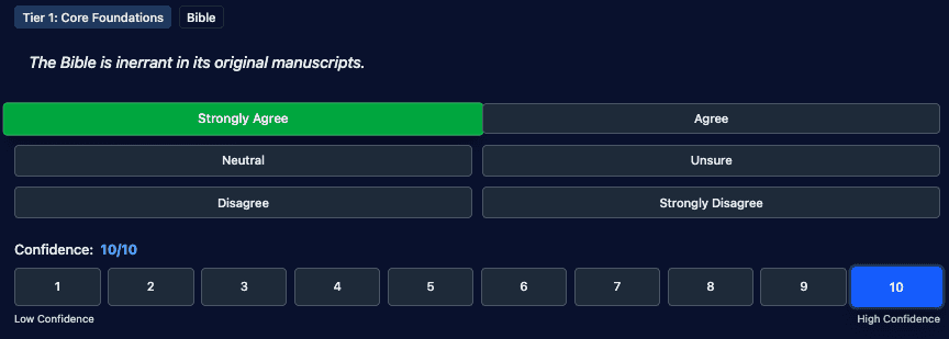Belief input interface with stance selection and confidence slider