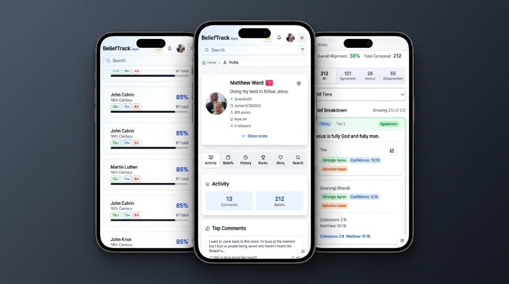 BeliefTrack on mobile — church fathers, profile, and belief comparison views