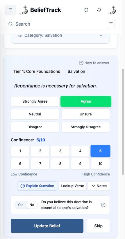 The BeliefTrack mobile website showing a repentance belief prompt, stance buttons, and confidence controls.