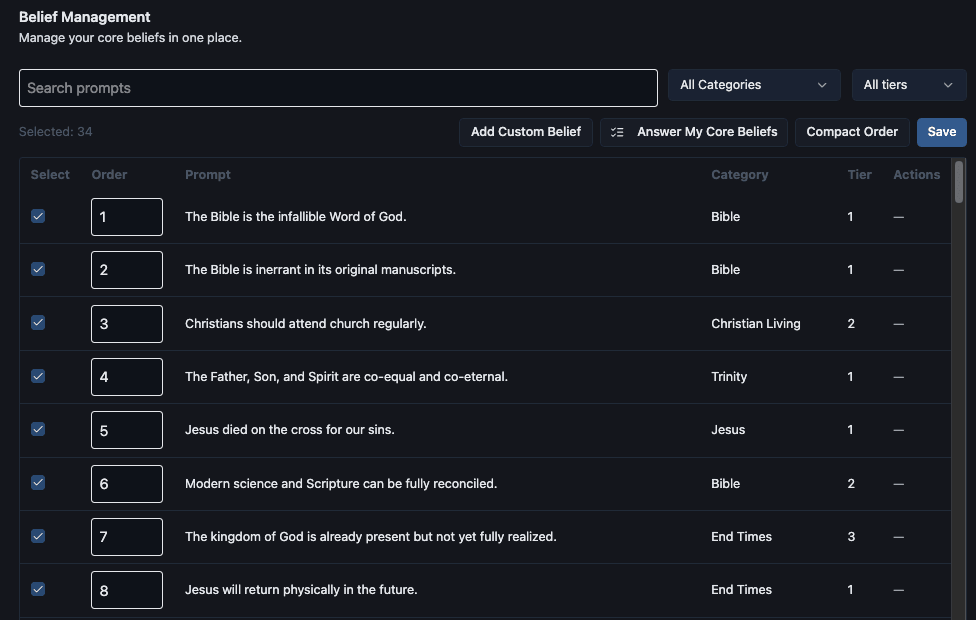 BeliefTrack core belief management table