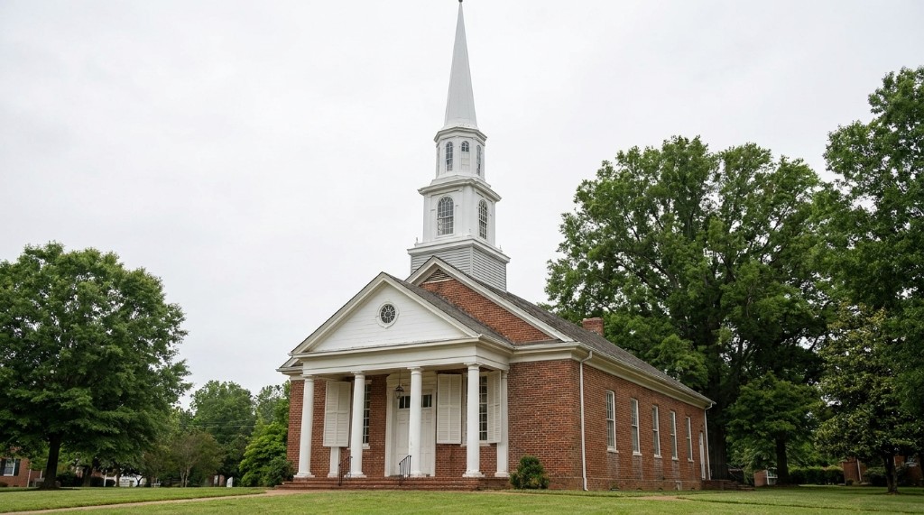 Brick church with white steeple