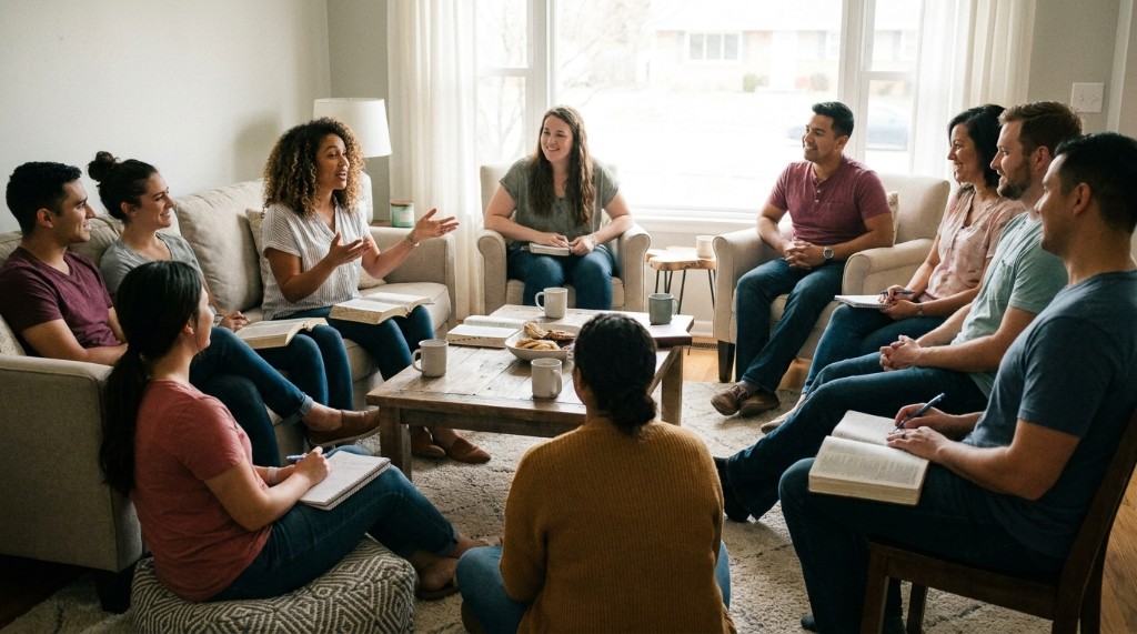 Small group discussion in a living room